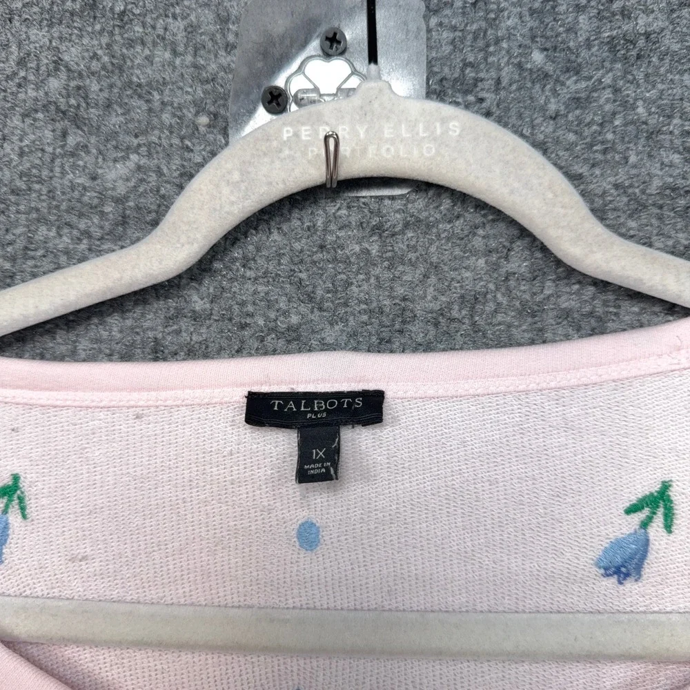 Talbots Sweatshirt Womens 1X Pink Floral Embroidered Crewneck Plus Size Fleece